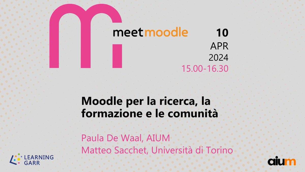 📢Parte #MeetMoodle: un ciclo di webinar su #Moodle organizzato da GARR e AIUM. 🗓️Il 10 aprile, ore 15.00-16.30 il primo webinar: 'Moodle per ricerca, formazione e comunità'. Con Paula De Waal di AIUM, e Matteo Sacchet dell'@unito. ℹ️ u.garr.it/UCPZk