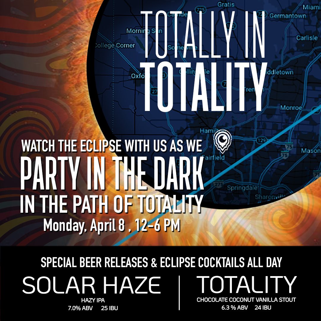 New Releases! These will be available @ noon today @ both our locations & Total Eclipse of the Parks Festival @ Oxford Comm Park on 4/6, 1-10pm. Be sure to join us in Hamilton for our ECLIPSE PARTY, 4/8, 12-6 PM as we celebrate in the PATH OF TOTALITY w/live music, food & more!🌘