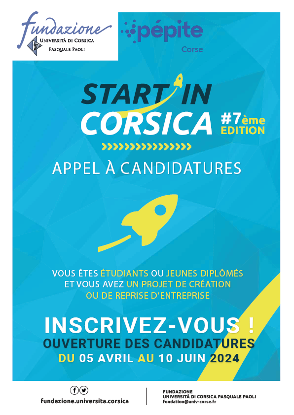 [Entrepreneuriat] La Fondation et le pôle @PepiteCorse lancent l'appel à candidatures de la 7ème édition du #startincorsica ✅Dotations financières et accompagnements à la clé 👉Ouverture des inscriptions du 05 avril 14h au 10 juin 12h fundazione.universita.corsica/article.php?id…