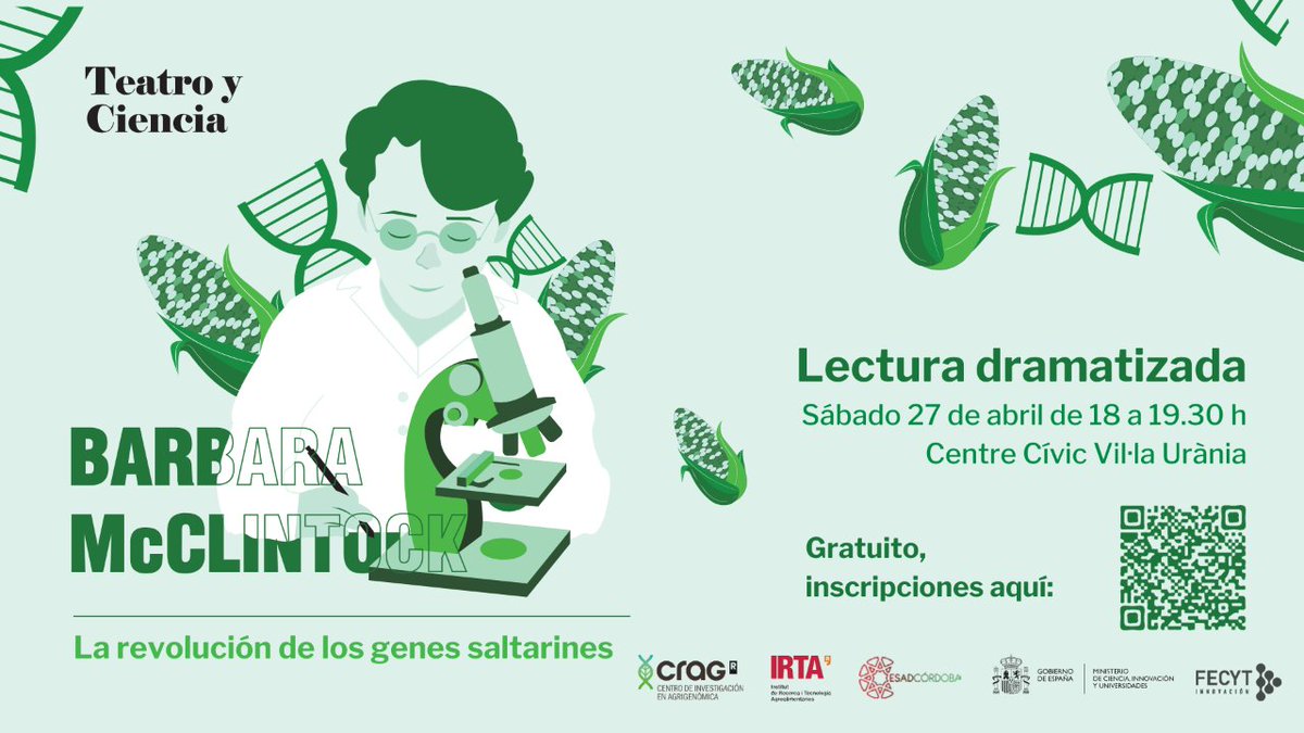 🎭 Lectura dramatizada de “Barbara McClintock. La revolución de los genes saltarines” 🧬 No os perdáis esta obra de teatro sobre la historia de una pionera de la genética 🗓️ Sábado, 27/04 📍 @VilaUrania 💡 Gratuito previa inscripción (desde el 13/04) 🔗 ajuntament.barcelona.cat/ccivics/vil.la…