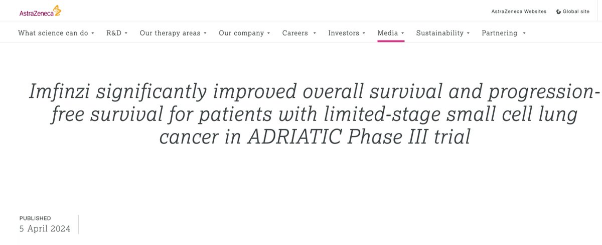 🔥Big News

Press Release: Ph III ADRIATIC Trial meets OS &amp; PFS Endpoints for Durva v Placebo in Limited Stage SCLC:

- 730pts with LS-SCLC post cCRT
- pts randomised to Durva +/- Treme post cCRT v pbo  

Can't wait to see the full data
<a href="/OncoAlert/">OncoAlert</a> #LCSM
astrazeneca.com/media-centre/p…