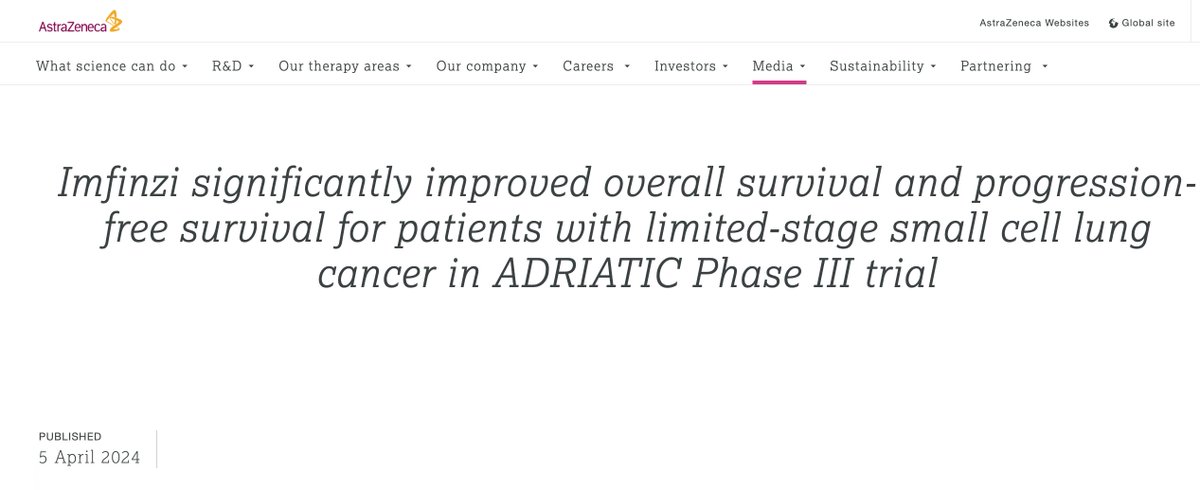 🔥Big News Press Release: Ph III ADRIATIC Trial meets OS & PFS Endpoints for Durva v Placebo in Limited Stage SCLC: - 730pts with LS-SCLC post cCRT - pts randomised to Durva +/- Treme post cCRT v pbo Can't wait to see the full data @OncoAlert #LCSM astrazeneca.com/media-centre/p…