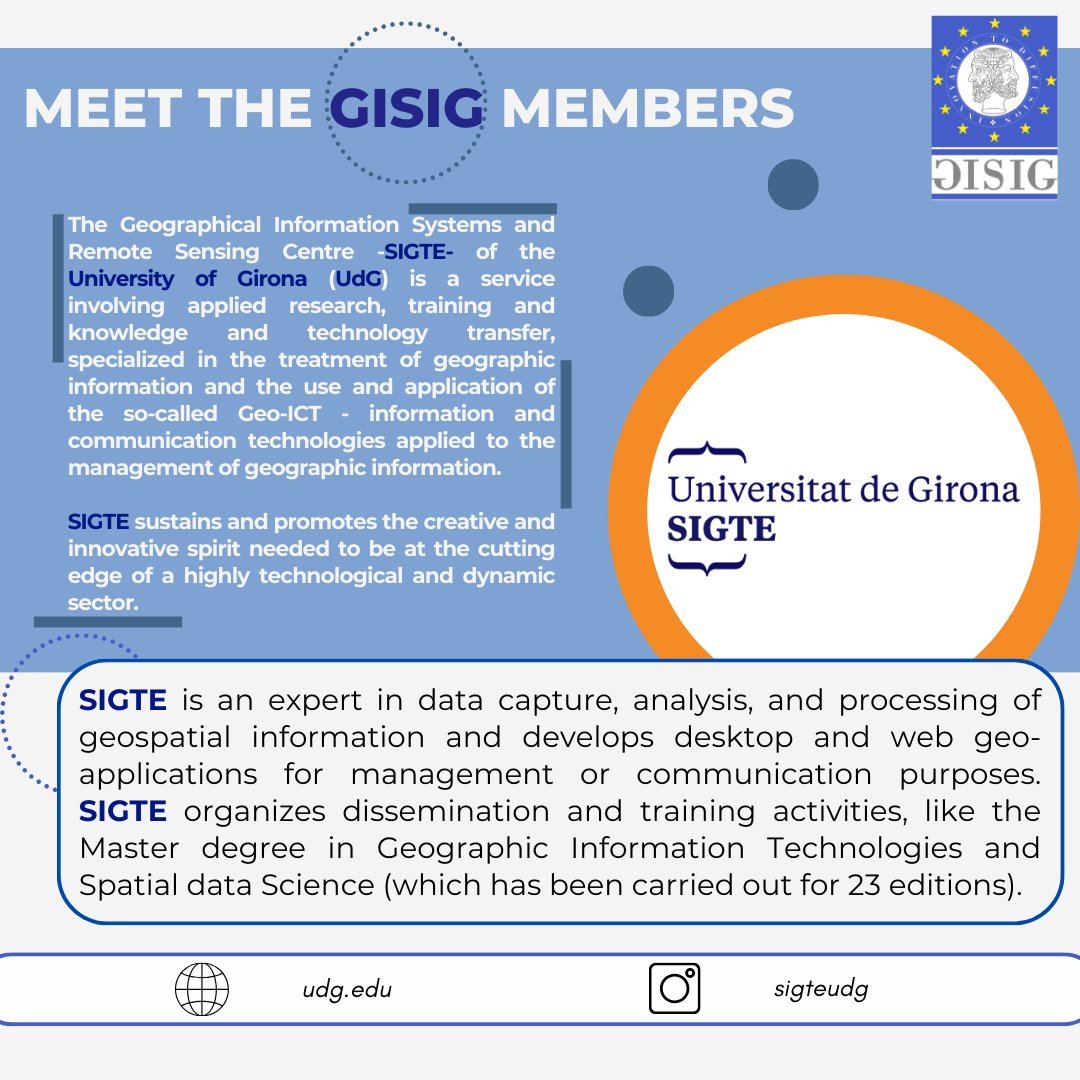 🎯 Meet the #GISIG Members! Do you know @SIGTE_UdG ? SIGTE, of the University of Girona (UdG), is an expert in data capture, analysis, and processing of geospatial information and develops desktop and web geo-applications for management or communication purposes🛰️⬇️