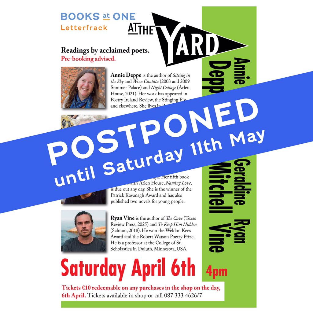 In view of weather forecast for high winds and rain tomorrow, we have reluctantly decided to postpone tomorrow’s poetry reading. It will now take place on Saturday 11th May - hopefully in bright sunshine. Apologies for any inconvenience - blame Kathleen! Mary & Vincent 💕