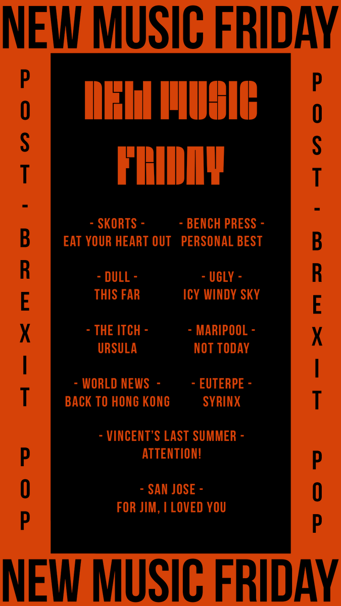 NEW MUSIC FRIDAY!

@gustaf_nyc | @kegtheband | @NixerMusic | #SKORTS #BenchPress #DULL @uglyofficialuk #TheItch @maripool__ #WorldNews @Euterpe_band @vincentslast @SanJoseMania 

#NewMusicFriday #PostBrexitPop 

Listen on Spotify: tinyurl.com/PBP-NMF