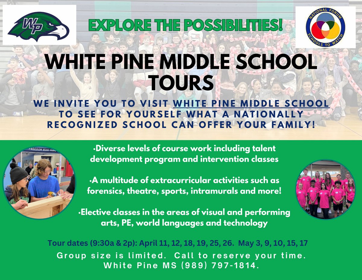 White Pine Middle School is inviting the public to tour this 4-time 'National School to Watch' this spring! Come see the campus, learn what Learning Communities are and hear about the diverse opportunities that are offered. Small Learning Communities, Big Learning Experience.