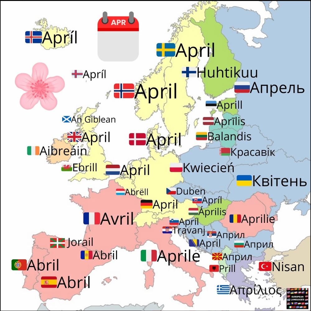 How do you say “April” in your native language? The graphic below 👇was prepared by European Languages #april #language #english #spain #portugal #germany #france #italy #russia #ukraine #poland #greece