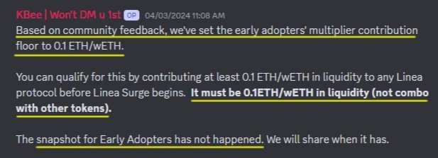 You can deposit ETH as liquidity for early multiplier before Linea surge for LXP-L begins Deposit before April 15 Snapshot Best is to deposit 0.1+ ETH into Stargate for LayerZero + Linea 2-in-1 airdrop You can provide LP anywhere too, but It should be in ETH/wETH pair only