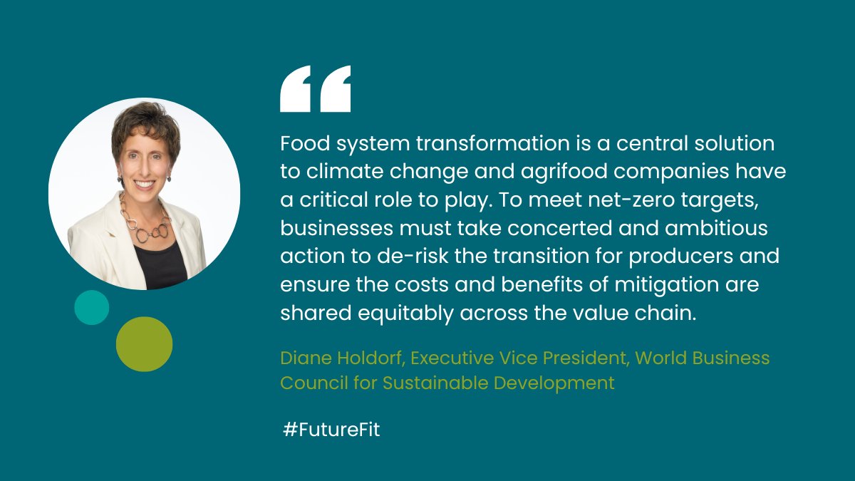 Companies have a major role to play in advancing a #FutureFit global #FoodSystem that delivers on climate & nature goals. But ensuring equity & a #JustTransition for farmers is vital to success, highlights @DianeBHoldorf, Exec Vice President of @WBCSD 🌱