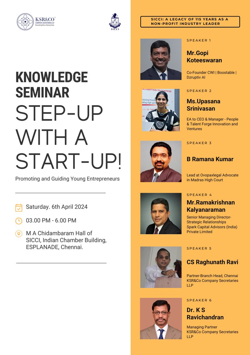 sicci_in's tweet image. Seize the opportunity to propel your startup forward! Join the Knowledge Seminar on April 6th, 2024 at 3 PM at the M A Chidambaram Hall of SICCI, Chennai. Register: forms.gle/hUYDabNmdJKinm… 
Don&apos;t miss out! #SICCIEvents2024 #knowledgeseminar #KSRandCO