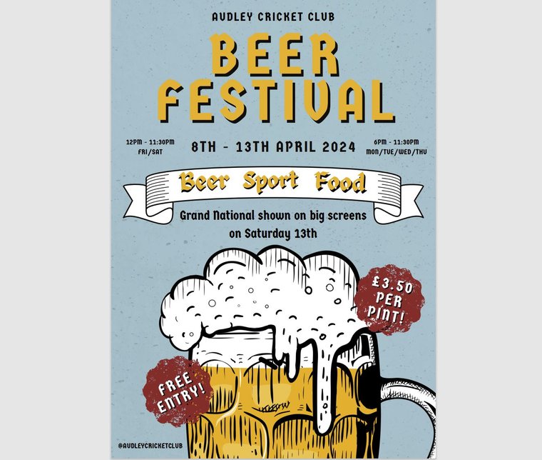 Reminder for the Audley Cricket Club Annual Beer Festival which starts this coming Monday 8th April and runs until Saturday 13th April. For more information including opening times, follow the link below. #Pitchero audleycricketclub.co.uk/news/beer-fest…