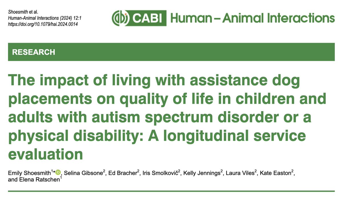 📢 New paper just out! Great to work with the fantastic team @DogsForGoodUK to evaluate the impact of assistance #dogs on quality of life in children and adults with #autism or a physical #disability. Published in @CABI_News Human-Animal Interactions 🐾⬇️ cabidigitallibrary.org/doi/10.1079/ha…