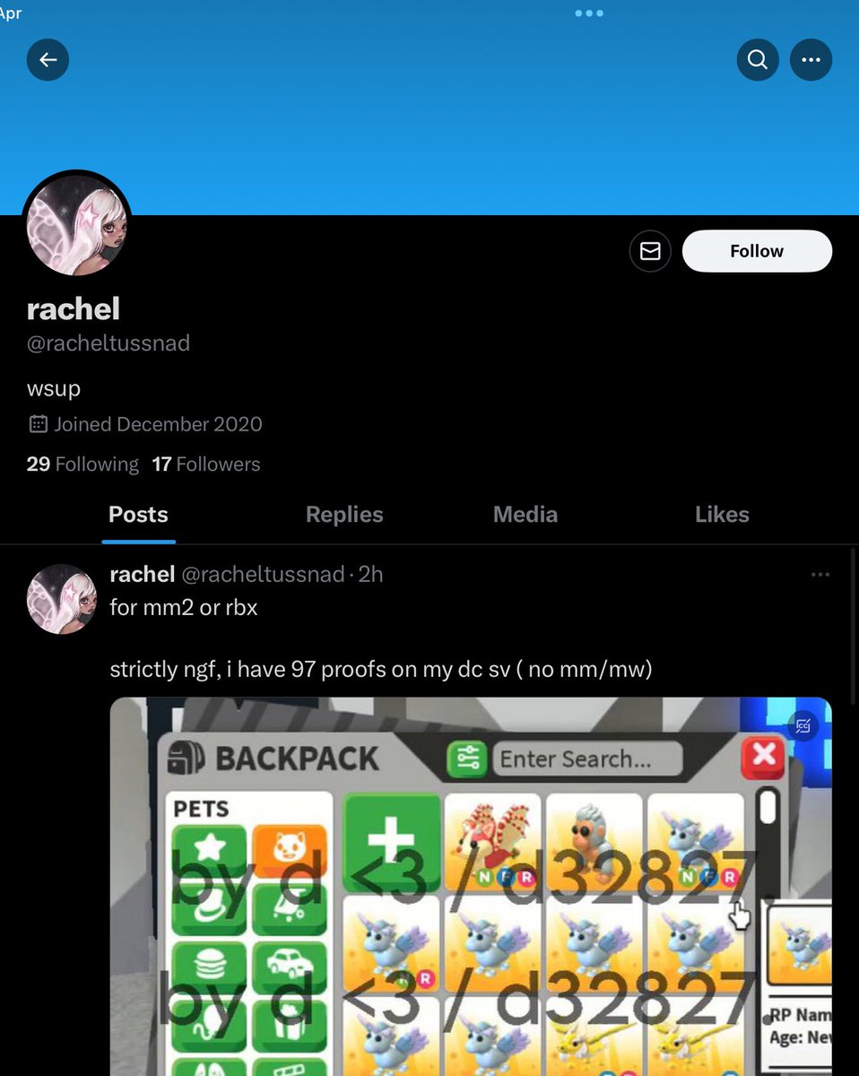 they changed their @ to racheltussnad ! 

🔑 scam scams scammer scammers scamming scammings not trusted

— #adoptmetrade #adoptmetrades #adoptmetrading #adoptmetradings #mm2trade #mm2trades #mm2trading #mm2tradings