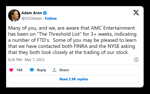 #AMC Entertainment Holdings Inc. Requests Investigations Into High Failures to Deliver
(MARCH 2023)
AMC Entertainment Holdings Inc. has requested investigations by the #NYSE and #FINRA into the high number of failures to deliver (FTDs) in its stock. 

The concerns regarding…