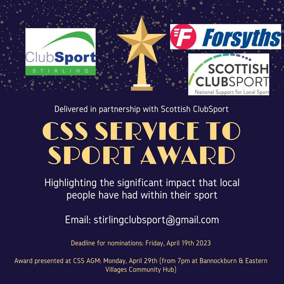 @ScotClubSport Service to Sport award - sponsored by Forsyths. We are excited to once again be presenting this Award our AGM. Please email us to nominate one of the many worthy individuals who contribute so much to club sport within Stirling. Deadline is April 19th (1/4)