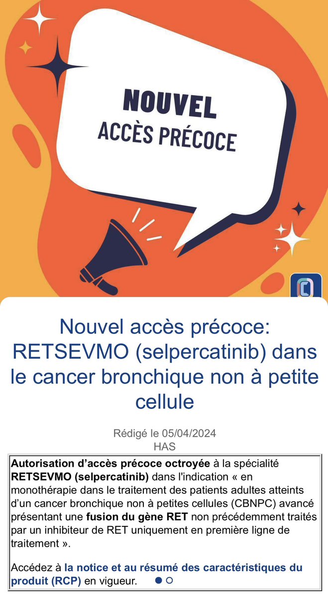 #AccesPrecoce 

🫁 nouvel accès précoce disponible pour le #RETSEVMO (selpercatinib) en traitement de 1ere ligne des cancers bronchiques non à petites cellules avec une fusion du gène #RET 

📲 Tous les accès précoces disponibles sur l’application #OncoClic