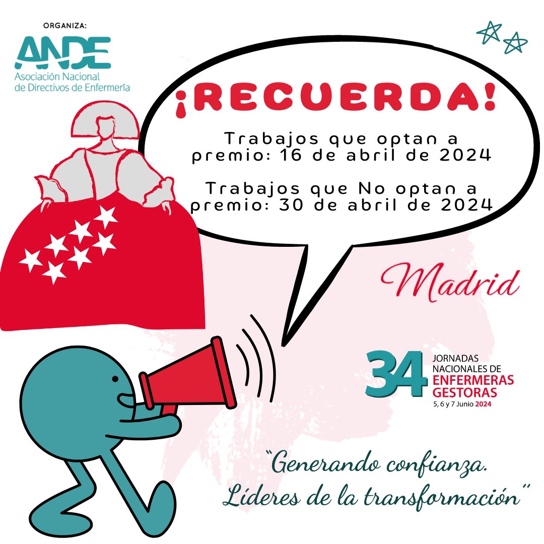 ✅Tú participación es importante ¡Recuerda! 📢📢📢 COMUNICACIONES. Fecha límite de envío 📌Trabajos que optan a premio: 16 abril 2024 📌Trabajos que no optan a premio: 30 abril 2024 CONSULTA LA NORMATIVA 👇 andejornadas.com/eventos/34-enf… #34ANDE @SaludMadrid