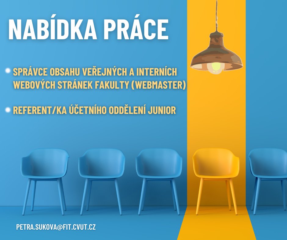 #NabidkaPrace Chcete se stát součástí týmu Fakulty informačních technologií ČVUT v Praze? Aktuálně nabíráme: 👉 Správce obsahu veřejných a interních webových stránek fakulty (webmaster): jobs.cz/pd/2000179237/ 👉 Referent/ka účetního oddělení junior: jobs.cz/pd/2000185107/