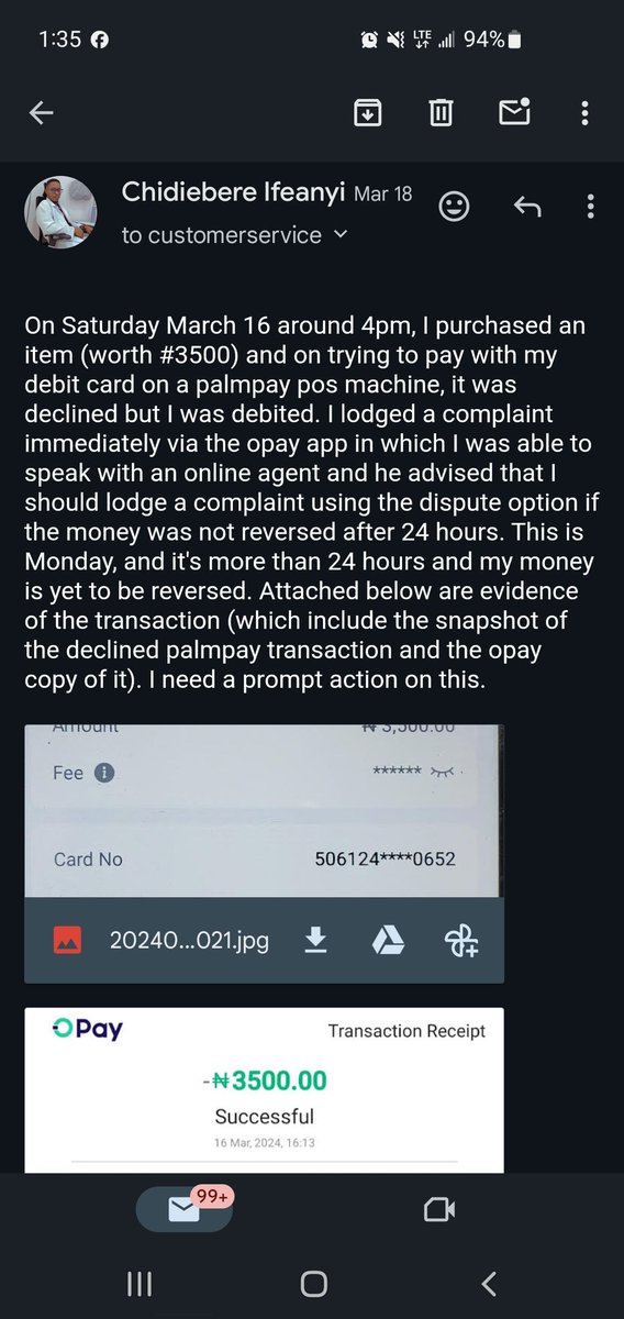 izz_EMP's tweet photo. I want to use this medium to call out @OPay_NG for failing to reverse a failed pos transaction since March 16th. Every effort made has landed on deaf ears. Let this serve as a proof that I tried reaching out to them, as I will not accept to settle outside court. https://t.co/1kOFewOlKk