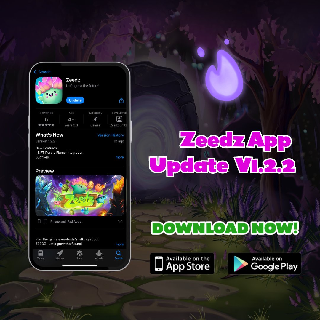 🎉 Zeedz App Update V1.2.2 Launches! 🎉 Dive into a world where magic meets strategy with our latest app update, now available on the AppStore and Google Play! 🟣 The Purple Flame is now equipable! Go to play.zeedz.io/inventory/items, hover over the Flame NFT you want to equip, and…