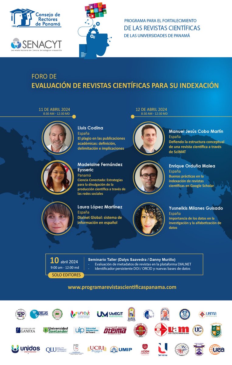 UTPInvestigación (@utpinvestiga) on Twitter photo El Consejo de Rectores de Panamá le invita a participar del 𝐅𝐨𝐫𝐨 𝐝𝐞 𝐄𝐯𝐚𝐥𝐮𝐚𝐜𝐢𝐨́𝐧 𝐝𝐞 𝐑𝐞𝐯𝐢𝐬𝐭𝐚𝐬 𝐂𝐢𝐞𝐧𝐭𝐢́𝐟𝐢𝐜𝐚𝐬 organizado por <a href="/CRPPanama/">CRP - Panamá</a> y financiado por <a href="/senacyt/">Senacyt Panamá</a> Para registro visite el siguiente enlace:
programarevistascientificaspanama.com El Consejo de Rectores de Panamá le invita a participar del 𝐅𝐨𝐫𝐨 𝐝𝐞 𝐄𝐯𝐚𝐥𝐮𝐚𝐜𝐢𝐨́𝐧 𝐝𝐞 𝐑𝐞𝐯𝐢𝐬𝐭𝐚𝐬 𝐂𝐢𝐞𝐧𝐭𝐢́𝐟𝐢𝐜𝐚𝐬 organizado por <a href="/CRPPanama/">CRP - Panamá</a> y financiado por <a href="/senacyt/">Senacyt Panamá</a> Para registro visite el siguiente enlace:
programarevistascientificaspanama.com