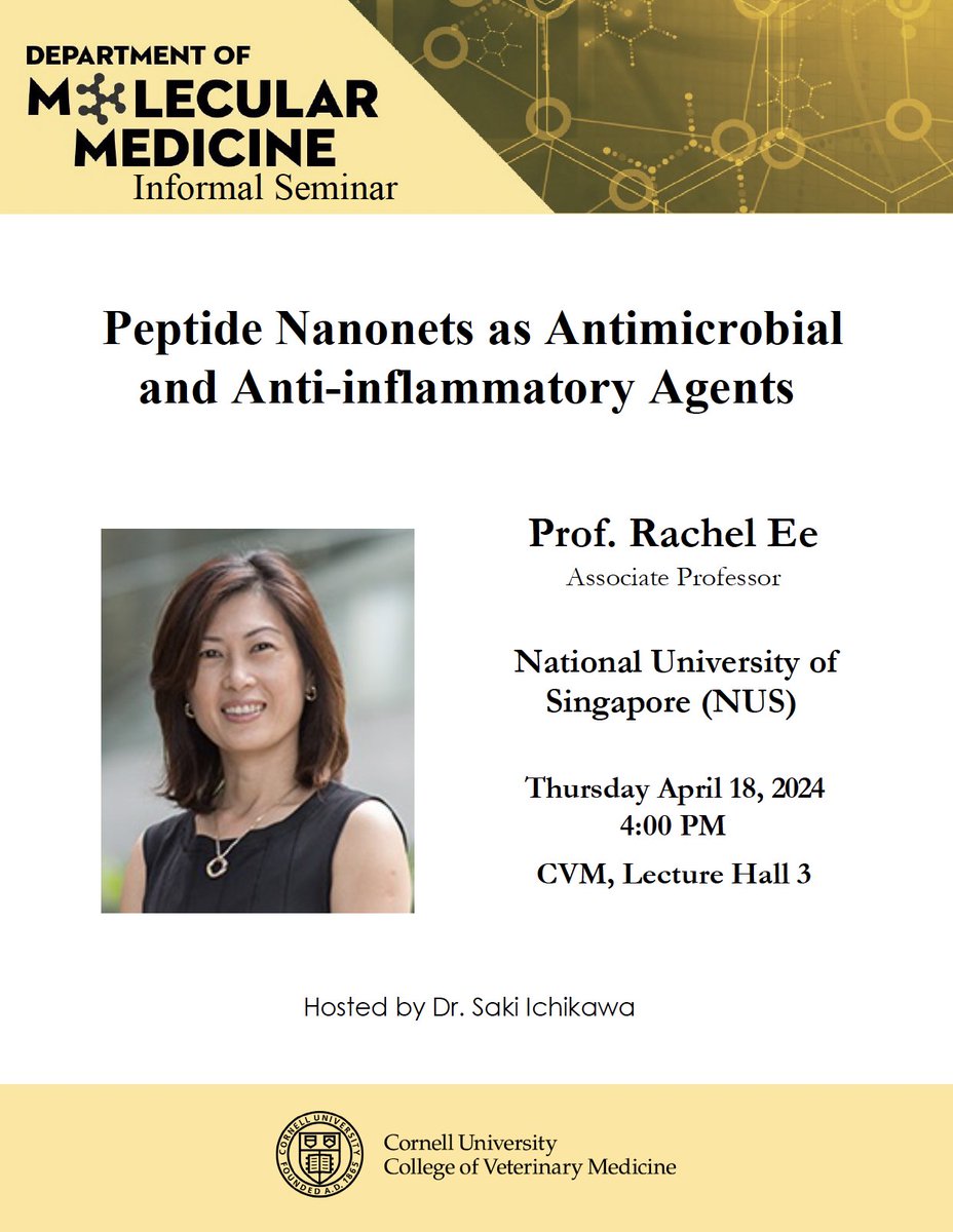 Please join us in welcoming Prof. Rachel Ee for her informal seminar on Peptide Nanonets, Thursday, April 18th in Lecture Hall 3 #seminar