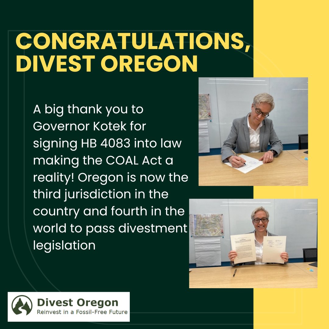 ClimatePensions's tweet photo. Breaking..@GovTinaKotek signs HB4083 The COAL Act into law! OR is now the 3rd to pass #divestment legislation in the US! Congrats to @DivestOregon for all their hard work! This is a monumental win for the movement and the planet https://t.co/pzxXlwP3kF