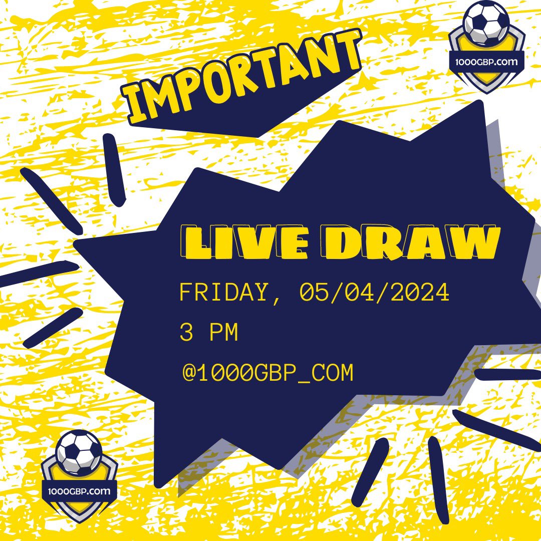 🚨 Join us at 3 PM sharp on our Instagram (instagram.com/1000_gbp/) for the Fantastic Friday Competition live draw! 🎥 Don't miss your chance to witness the unveiling of our £350 cash prize winner! Set your reminders and be part of the action! ⏰💸⚽️ #FantasticFriday #LiveDraw…