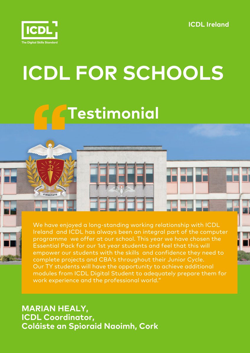 ICDL_Ireland's tweet photo. #TuesdayTestimonial
Coláiste an Spioraid Naoimh in Cork continues to prioritize digital literacy with ICDL!
Marian, ICDL Coordinator, shares how they've integrated the Essential Pack into their 1st-year programme, empowering students for success in Junior Cycle projects and CBAs https://t.co/q8l8yBWhTp