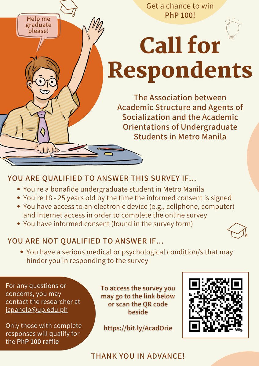 CALL FOR RESPONDENTS (a #GCash raffle also awaits!) ✅ Metro Manila undergrad student ✅ 18 - 25 years old ✅ May access sa internet at electronic device ✅ May informed consent (nasa survey form) You can help me graduate by answering this #Survey: bit.ly/AcadOrie
