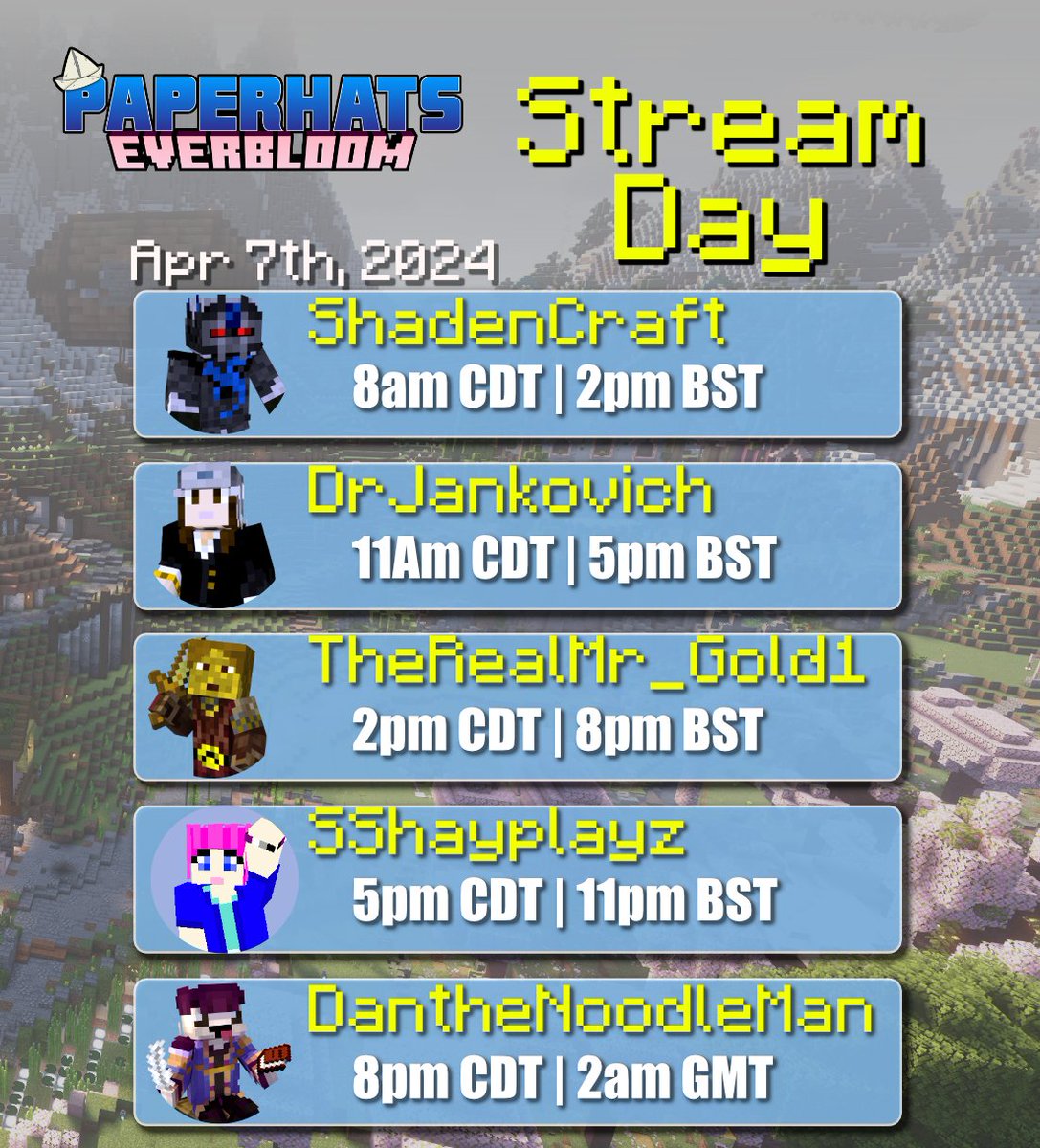Happy Friday! Here's something to look forward to this weekend. We're having another Stream Day!

Sunday, Apr 7th starting at 8am CDT - Here's the lineup:
