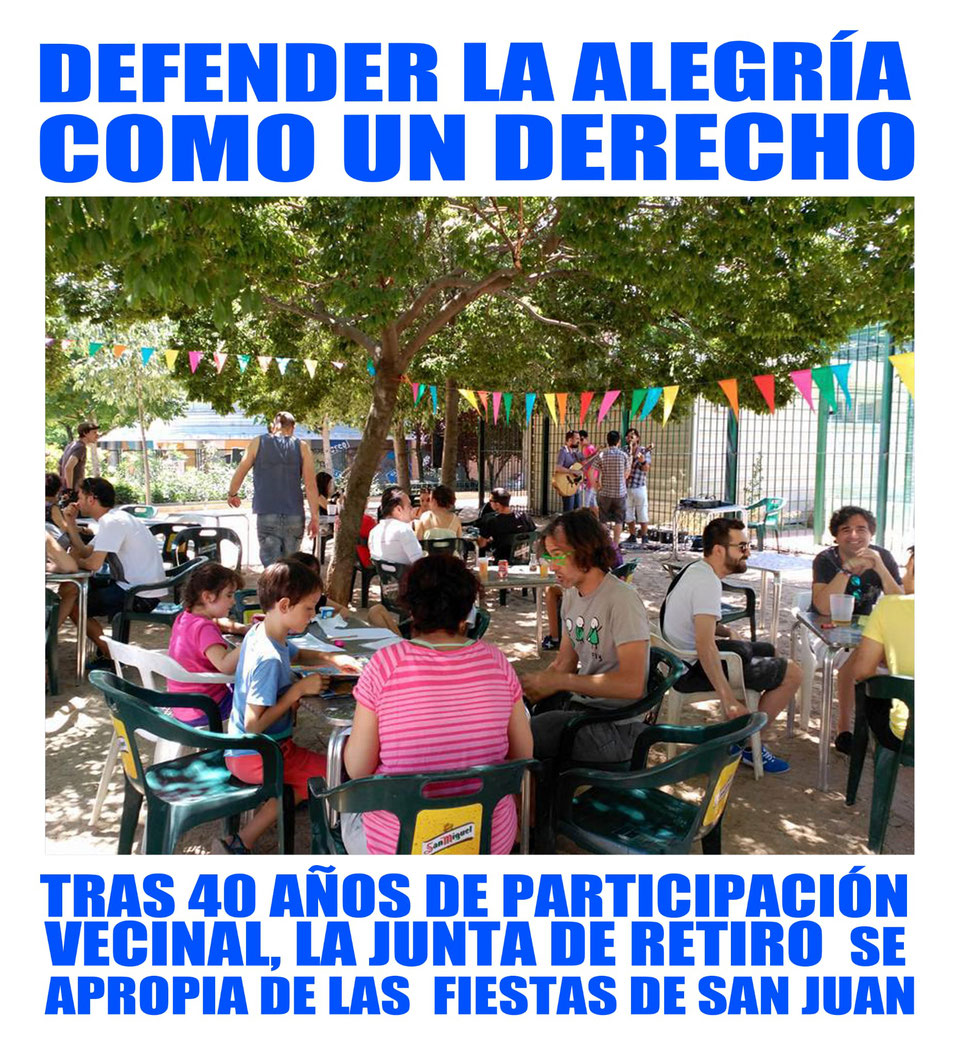 Defender la alegría como derecho. Todo nuestro apoyo a esta estupenda campaña de @AVPinosRetiro para que la vecindad pueda seguir participando en el diseño y organización de las Fiestas de San Juan, en el sur de Retiro (Madrid). 📝¿Firmas? change.org/p/en-defensa-d…?