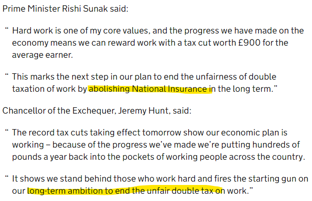 the strange pledge to abolish national insurance - which Labour costed at over 40bn/yr - appears again in today's press release from Hunt and Sunak...