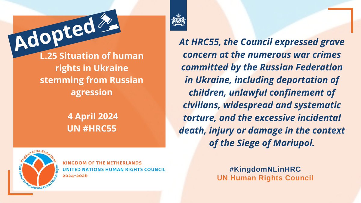 #KingdomNL fully supports the important resolution brought by @UKRinUNOG to extend the Commission of Inquiry. The CoI’s work is essential for ensuring accountability. Because without accountability and justice there can be no lasting peace. #StandWithUkraine