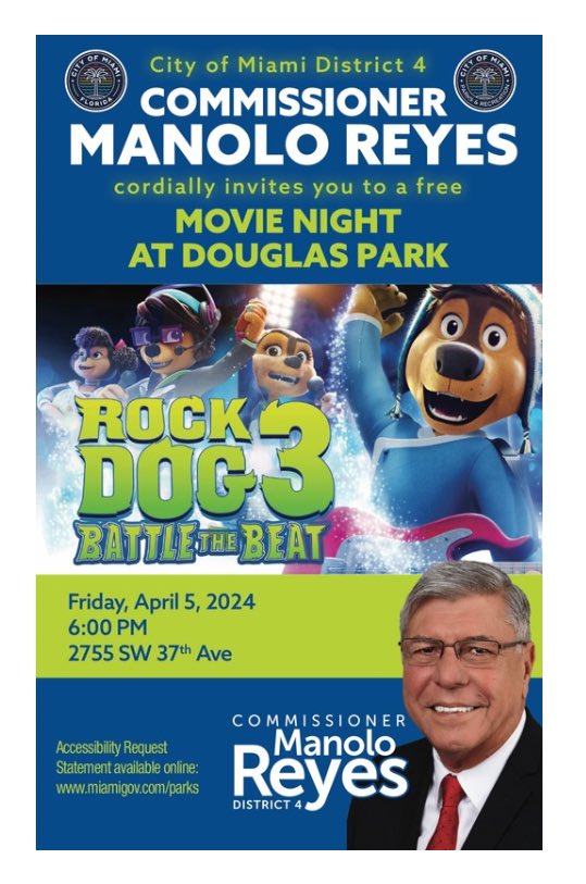 Join us tonight at Douglas Park for Movie Night!#MiamiD4 #Manolo4OneMiami ¡Únase a nosotros esta noche en Douglas Park para la Noche de Cine!