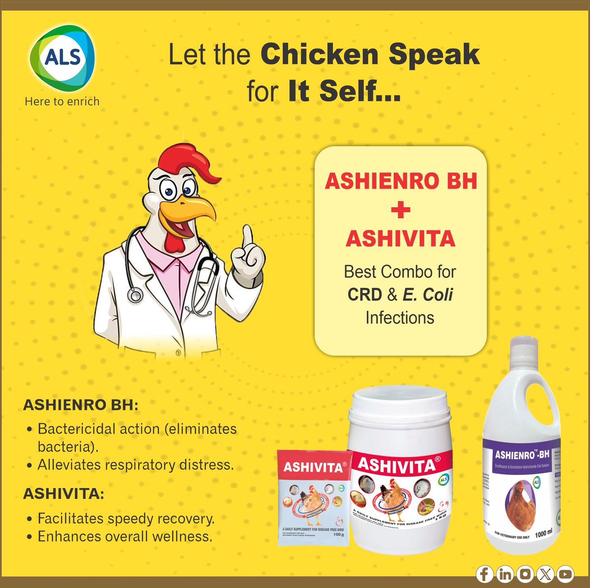 ASHIENRO BH and ASHIVITA form the ultimate duo against CRD & E Coli Infections. ASHIENRO BH provides bactericidal action to eliminate bacteria and alleviate respiratory distress, while ASHIVITA facilitates speedy recovery and enhances overall wellness. #ashienrobh #ashivita