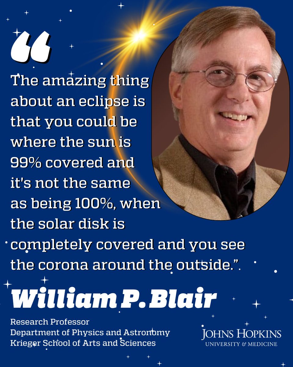 Professor Blair is an astrophysicist and research professor in the Department of Physics and Astronomy with @JHUArtsSciences. Professor Blair also works on the @NASAWebb project at the @SpaceTelescope. Visit the Hub to read an interview with Blair on the #eclipse! #FacultyFriday
