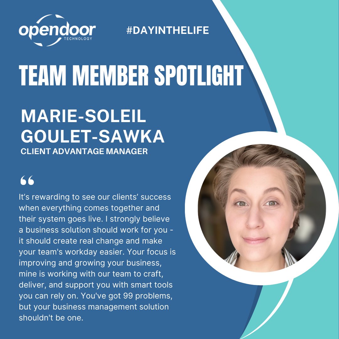 opendoorerp's tweet image. Meet Marie-Soleil Goulet Sawka, our SUPER knowledgeable Client Advantage Manager based in Montreal. You might recognize her voice from some of our webinars.
#clientsuccess #softwareimplementation #businesssoftware #businessgrowth #businessmanagement
