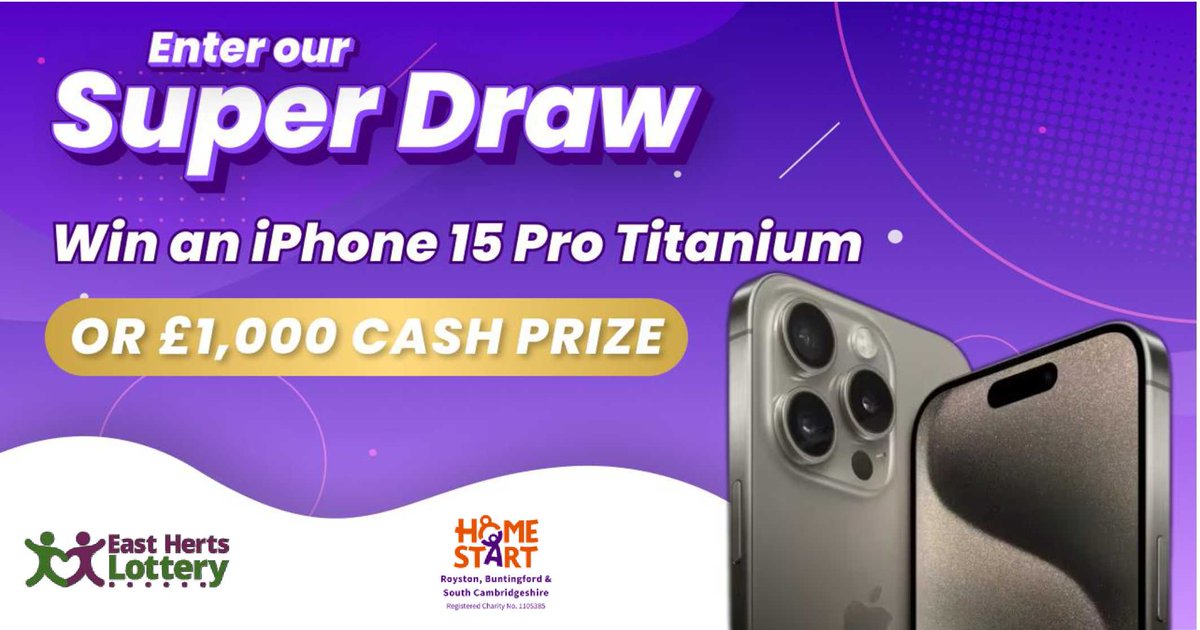 Sign up for the @EastHertsLotto by April 27th, and you could win an iPhone 15 Pro Titanium! Your £1 per week entry not only gives you a chance to win in the weekly draw but also provides vital support to local families through @HomeStartRSC. easthertslottery.co.uk/support/home-s…