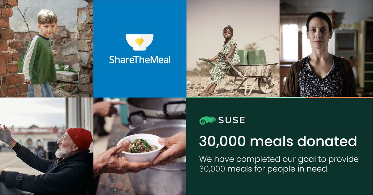 🎉We have completed our goal to provide 30,000 meals for people in need via @ShareTheMealorg. A huge thank you to everyone who helped us & a shoutout to our #SUSECollective & #SUSEChampions members who contributed nearly half of the meals.👉okt.to/Ilfm4s | #SUSECares