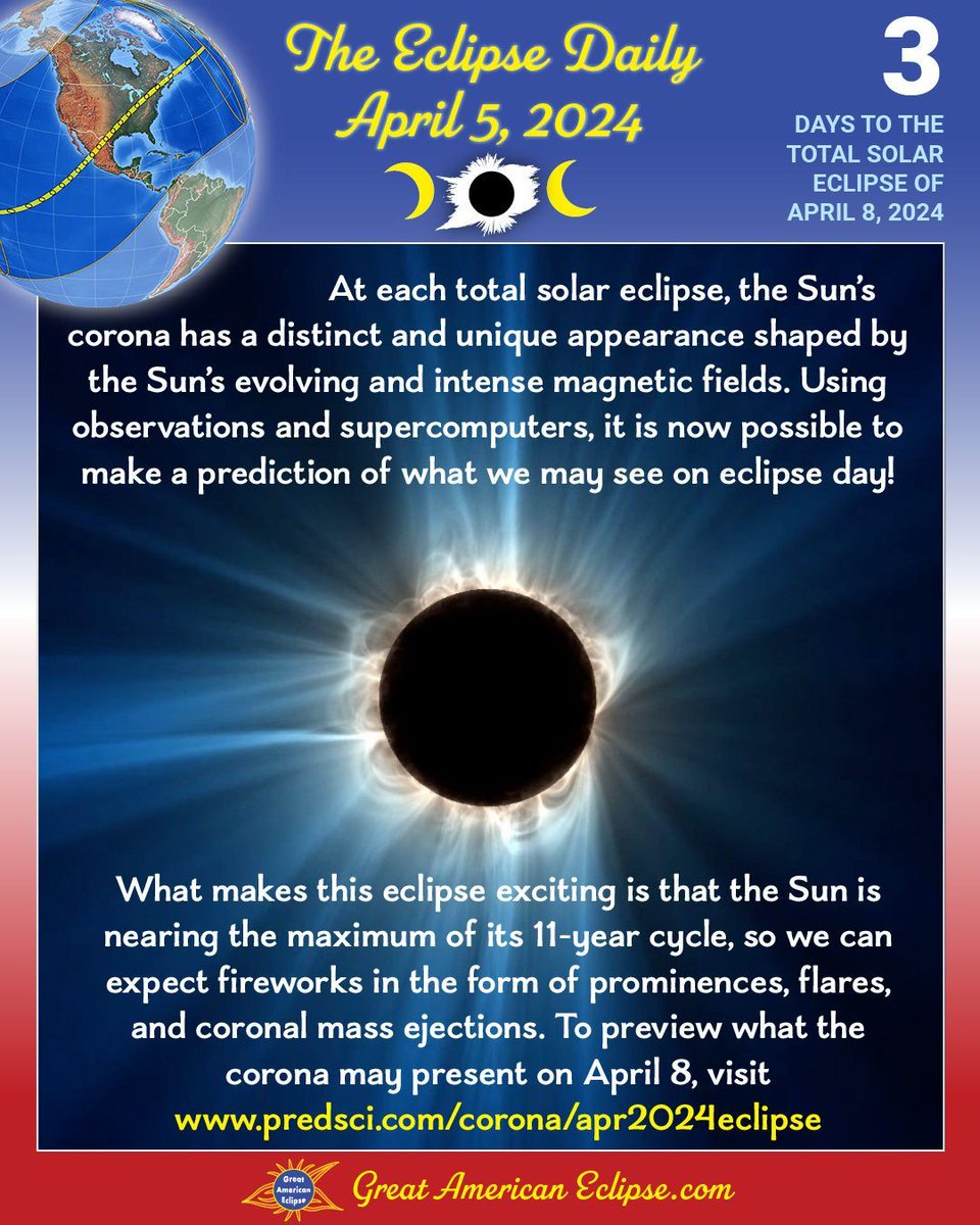 We're watching both Earth-weather and Sun-weather for eclipse day! Here's the latest forecast for what the corona may look like next Monday! predsci.com/corona/apr2024… #eclipse2024 #eclipsedaily