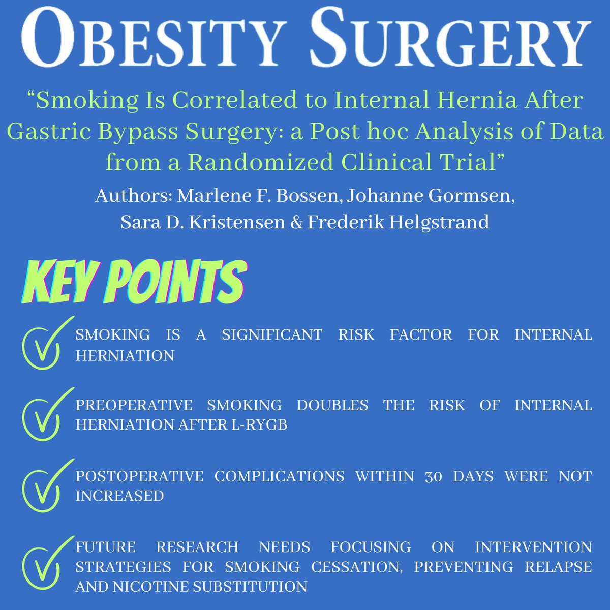 BEST PAPERS APRIL ISSUE 'Smoking Is Correlated to Internal Hernia After Gastric Bypass Surgery: a Post hoc Analysis of Data from a Randomized Clinical Trial' DOI: doi.org/10.1007/s11695… FREE DOWNLOAD: rdcu.be/dDN7n