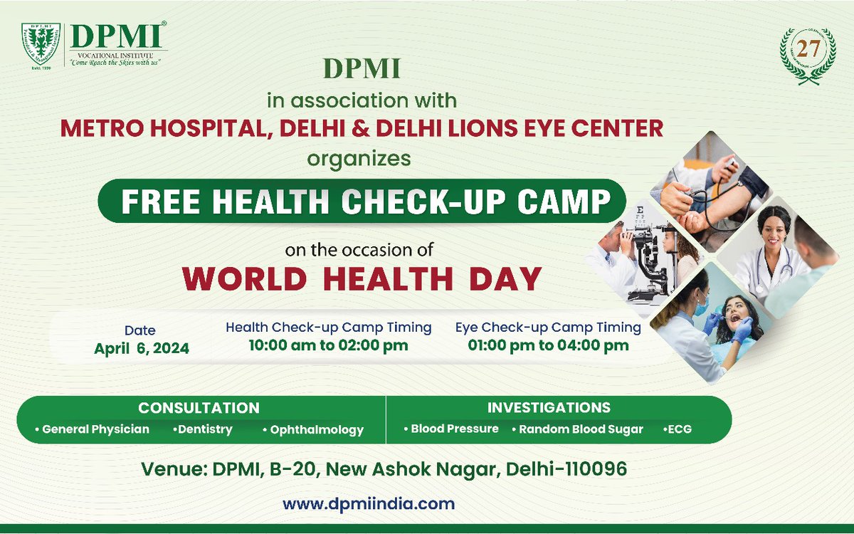 DPMI in Association with Metro Hospital, Delhi & Delhi Lions Eye Center Organizes 'Free Health Check-up Camp' On the Occasion of World Health Day!
#DPMIFreeHealthCheckupCamp #DPMIOnWorldHealthDay #HealthCampAwarenessRally #DPMIStudentsRally #HealthCamp