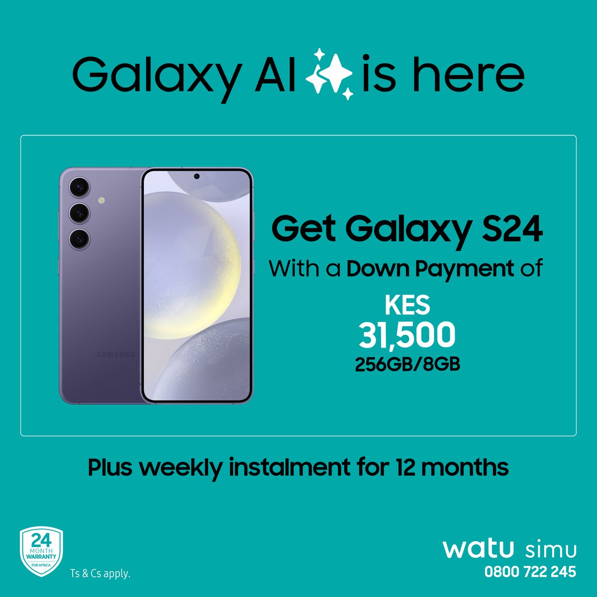 Experience the future with #GalaxyS24 Series, powered by AI! 
Own the #GalaxyS24 Series today, by making a down payment and pay the rest in weekly instalments with @WatuSimu 

Ts & Cs apply.

#GalaxyAI
#GalaxyS24
#EpicJustLikeThat