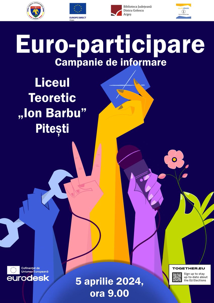 Euro-participare Un nou eveniment adresat tinerilor de la Liceul Teoretic ”Ion Barbu” din Pitești, în contextul alegerilor europene.