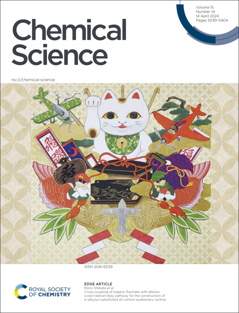 Issue 14 is here 🎉 Our front cover this week features Norio Shibata et al 🤩⬇

Cross-coupling of organic fluorides with allenes: a silyl-radical-relay pathway for the construction of α-alkynyl-substituted all-carbon quaternary centres
🔗  doi.org/10.1039/D3SC06…

#ChemSciCovers