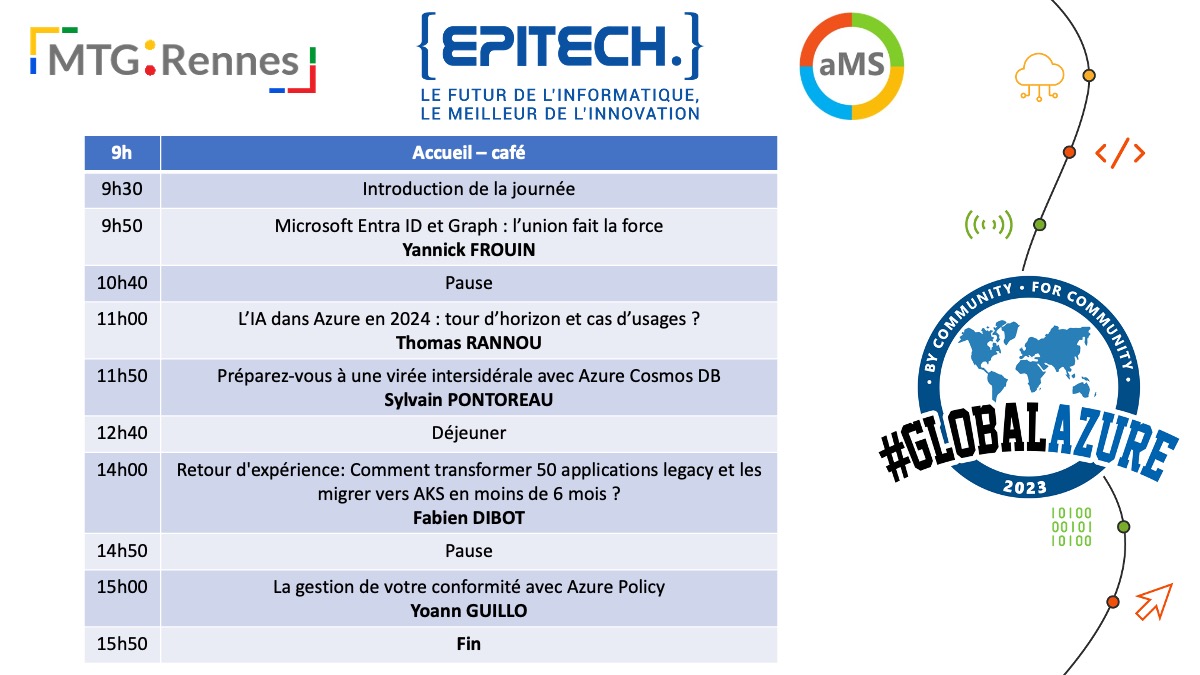 Retrouvez nous lors du Global Azure #Rennes le vendredi 19 Avril prochain au sein des locaux d'Epitech Rennes ! Evènement gratuit, lien d'inscription : globalazurerennes2024.eventbrite.com #GlobalAzure #Azure #Microsoft #CloudComputing #Cloud