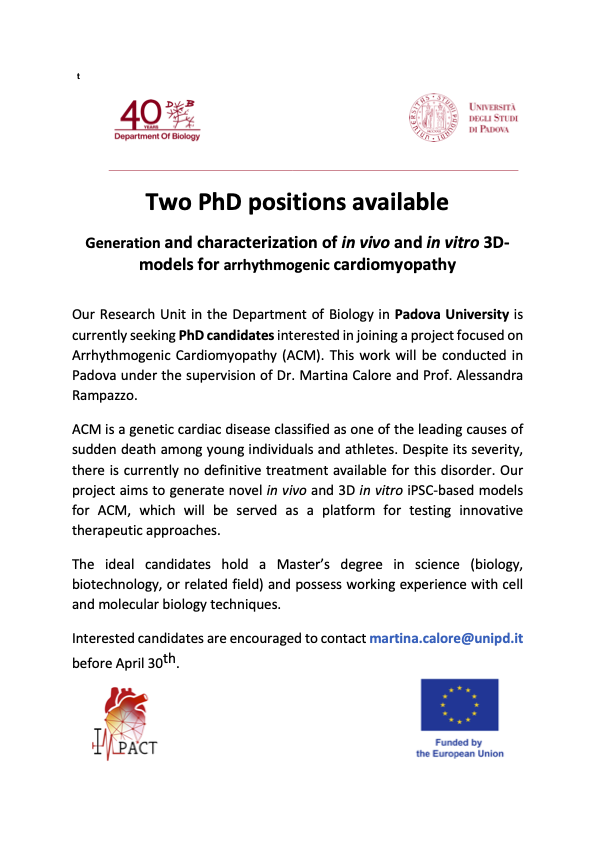 📣We are hiring! Anyone interested in a PhD position in Cardiogenetics at the Dept of Biology at Padova University? Check the website biologia.unipd.it/news/leggi/new… and send your CV & motivation letter to 📨martina.calore@unipd.it