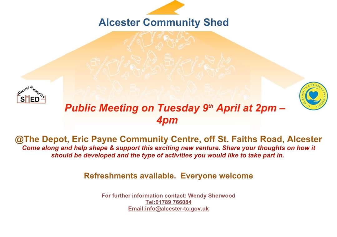 All are welcome at this public meeting concerning the new Alcester Community Shed. This coming Tuesday at the Eric Payne Centre. Refreshments will be provided! #alcester #shed #community