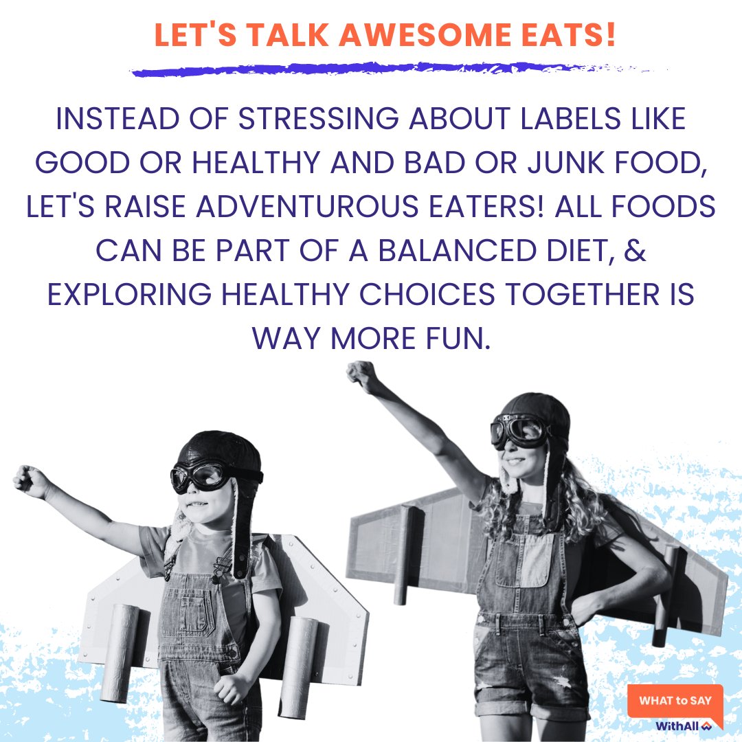 Let's focus on how awesome food can be and drop all the stressful labels. Remember balance is key. There's room for yummy treats they love, but let's focus on fueling their awesome bodies & minds with a variety of delicious options! #Diet #BodyPositivity #Parenting